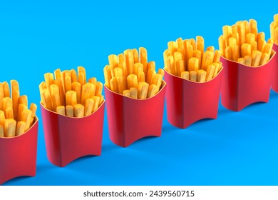 A captivating image showcasing multiple red french fry cartons filled with golden fries, set against a deeply hued blue backdrop, highlighting color contrast and snack allure.