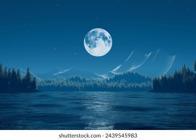 A captivating night view of a full moon casting a silvery glow over a tranquil forest lake, encircled by dense pines under a star-studded sky.