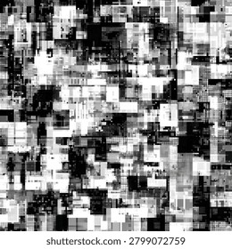 A captivating seamless pattern of abstract glitch art, featuring a dynamic interplay of black and white digital noise, perfect for backgrounds and modern designs.
