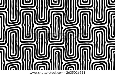 A captivating seamless pattern featuring an organic, winding maze design in stark black and white. This trendy geometric motif offers a visually engaging and versatile abstract background