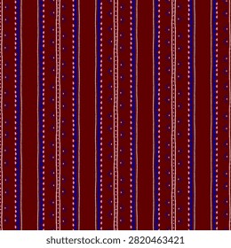 A captivating seamless pattern featuring a rich dark red background adorned with intricate vertical stripes. The design incorporates delicate white lines, charming blue floral elements, and subtle pink dots, creating a harmonious and traditional folk-inspired aesthetic. This versatile pattern is perfect for textiles, wallpapers, digital backgrounds, and various creative projects seeking an ethnic or bohemian touch.
