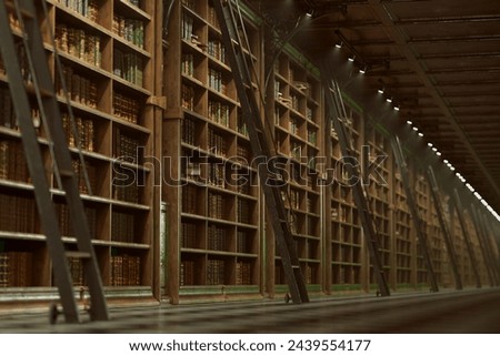 Captivating view of a classic library interior, aglow with soft lighting, featuring towering shelves laden with books, a traditional sliding ladder, and vintage green reading lamps.