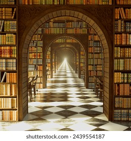 Captivating view of a grand library's interior, bathed in golden sunlight, with a long checkered corridor flanked by towering bookshelves and elegant arches.