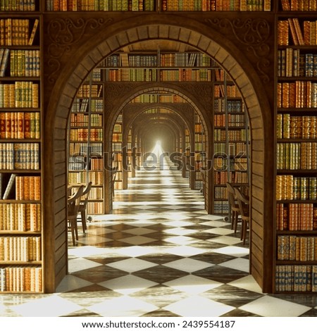 Captivating view of a grand library's interior, bathed in golden sunlight, with a long checkered corridor flanked by towering bookshelves and elegant arches.