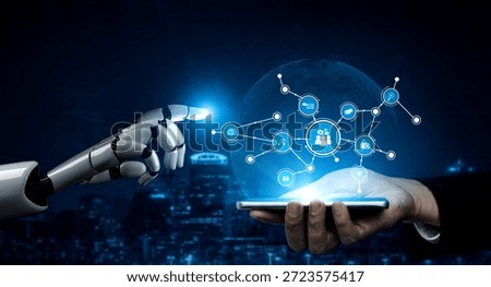 A captivating visual illustrating the interaction between a robotic hand and a human hand, symbolizing the synergy of technology, network connections, and digital communication. Tessel