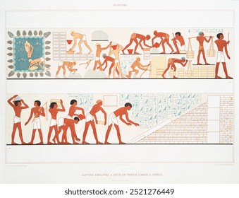 Captives workers build a temple of Amun, at Thebes from Histoire de l'art égyptien (1878) by Émile Prisse d'Avennes. Vintage Egyptian Amun temple art drawing illustration, Egyptian painting art print.