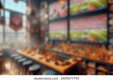 Capturing a bokeh-inspired background, a vibrant scene unfolds at a sports bar adorned with large screens broadcasting live sporting events, team memorabilia, and thematic accents.  - Powered by Shutterstock