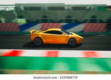 Capturing the essence of speed, this image portrays a high-performance yellow sports car racing on a track, the motion blur highlighting its swift movement and power.