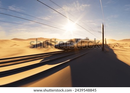 Capturing a modern high-speed train as it races across a picturesque desert landscape bathed in the amber hues of a setting sun, highlighting a fusion of technology and nature.