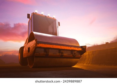 Capturing a steamroller at work on a construction site, this image highlights the beauty of industrial activity against the backdrop of a striking sunset sky.