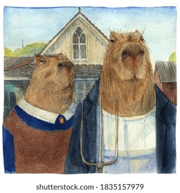 Capybara American Gothic Watercolor Illustration