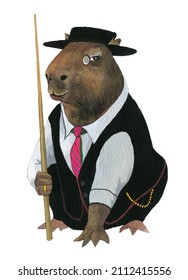 Capybara Pool Player Gouache Illustration