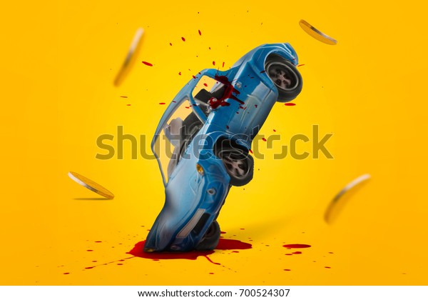 Car accident with damage blood splash and gold\
coins falling down and explosion scene. Car crash, insurance, lose\
money, Safety, Emergency, Installment payment, Transport and\
Traffic accident\
Concept.