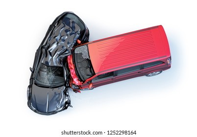 Car Accident. Generic Car Crashed. Red Van Heavily  Crashed Against A Black  Station Wagon. Top View. Isolated On White Background. 3D Rendering.