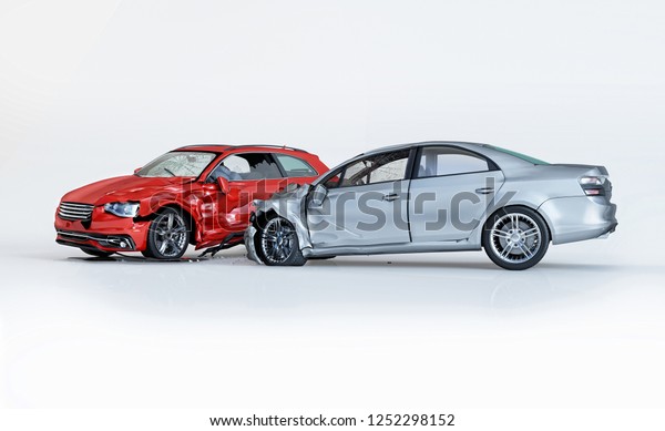 Car accident. Generic car crashed. Silver\
sedan car crashed against a red coupè. Isolated on white\
background. 3D\
rendering.
