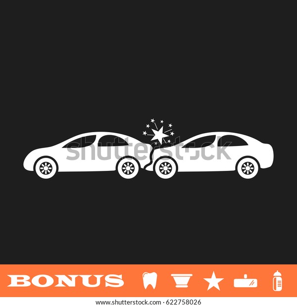 Car accident icon flat. Simple white pictogram on
black background. Illustration symbol and bonus icons tooth, vase,
star, mirror, bottle
