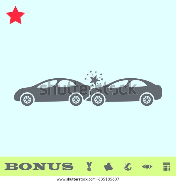 Car accident icon flat. Simple gray pictogram\
on blue background. Illustration symbol and bonus icons medal, cow,\
earth, eye,\
calculator