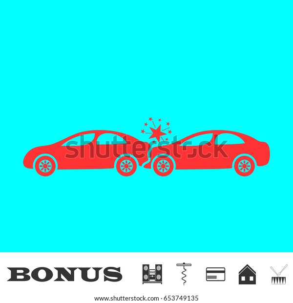 Car accident icon flat. Simple red\
pictogram on blue background. Illustration symbol and bonus icons\
Music center, corkscrew, credit card, house,\
drum