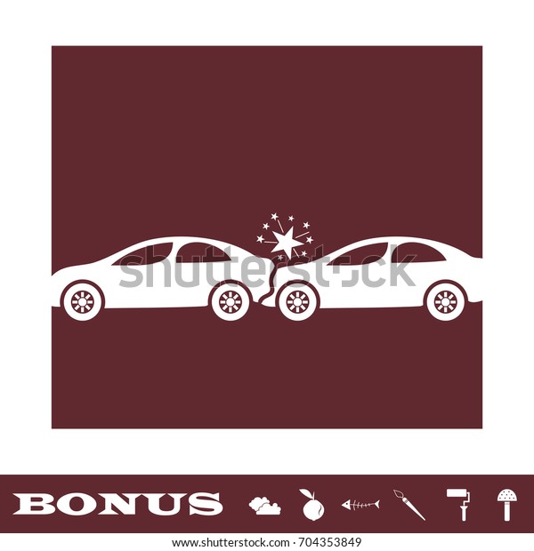 Car accident icon\
flat. Simple white pictogram on brown background. Illustration\
symbol and bonus\
buttons