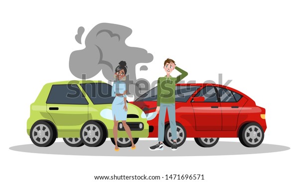 Car accident on\
the road. Automobile damage or auto crash. Safety on the street.\
Isolated flat \
illustration