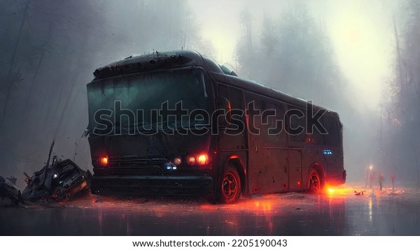 Car accident on a slippery road, a collision\
of a bus and a car in the evening. Car crash accident, drunk\
driving. 3d\
illustration