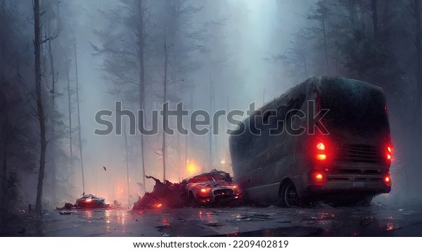 Car accident on a slippery road, a collision\
of a bus and a car in the evening. Car crash accident, drunk\
driving. 3d\
illustration