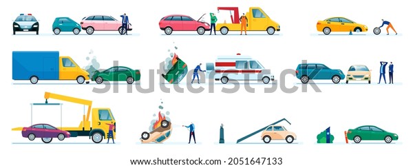 Car accidents.\
Damaged or crashed transport, vehicles collision. Driver calling\
insurance company. Road accident with cars and drivers  set.\
Ambulance taking injured, tow\
truck