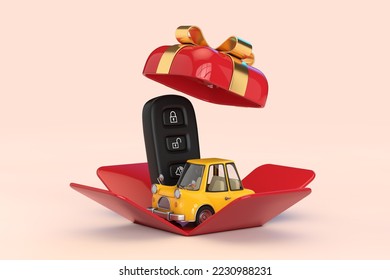 Car Alarm Remote Control with Yellow Cartoon Car in Opened Red Gift Box with Golden Ribbon on a pink background. 3d Rendering  - Powered by Shutterstock