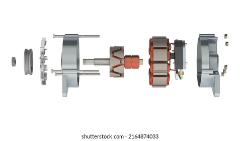 Car Alternator Exploded Front View Isolated On White Background, 3D Illustration 