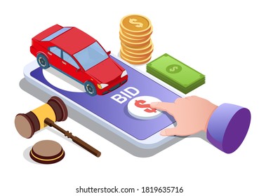 Car Auction Online, Illustration. Isometric Smartphone With Car On Screen, Finger Tapping Bid Button. Auction And Mobile Bidding Concept For Web Banner, Website Page Etc