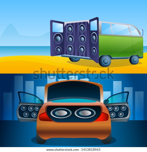 Car audio banner set. Cartoon illustration of\
car audio banner set for web\
design