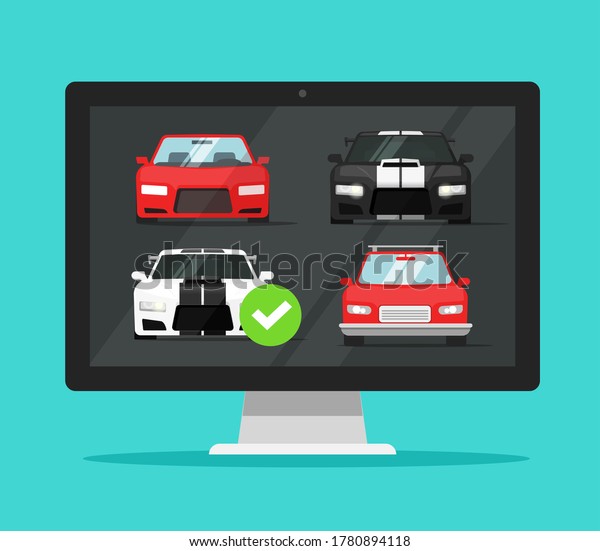 Car auto auction online on desktop computer or pc\
rental vehicle internet shop website comparison with choosing\
automobiles flat, concept of digital store buying screen or web\
selling image