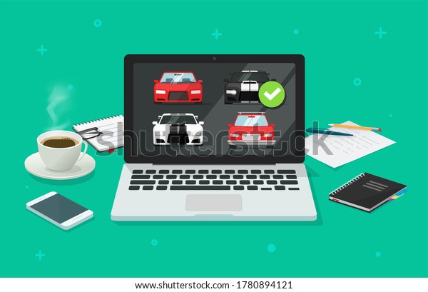 Car auto auction online on computer pc or rental\
vehicle internet shop comparison with choosing automobiles in\
office work desk flat, concept of digital store buying screen or\
web selling image