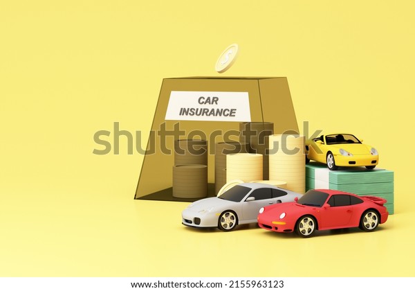 Car (automobile) insurance and collision damage\
waiver concept surrounding by gold coin and cash with sport car\
model and piggy bank isolated on yellow pastel background.\
realistic 3d render