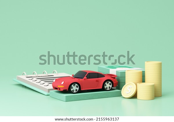 Car (automobile) insurance and collision damage\
waiver concept surrounding by gold coin and cash with sport car\
model and insurance form isolated on green pastel background.\
realistic 3d render