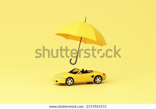 Car\
(automobile) insurance and collision damage waiver concept\
surrounding by yellow sport car model and umbrella isolated on\
yellow pastel background. realistic 3d\
render