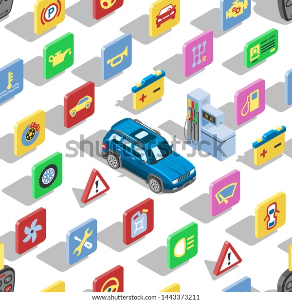 Car automotive icons isometric automobile\
service sign collection of auto symbols set tire engine repair and\
oil filter seamless pattern\
background