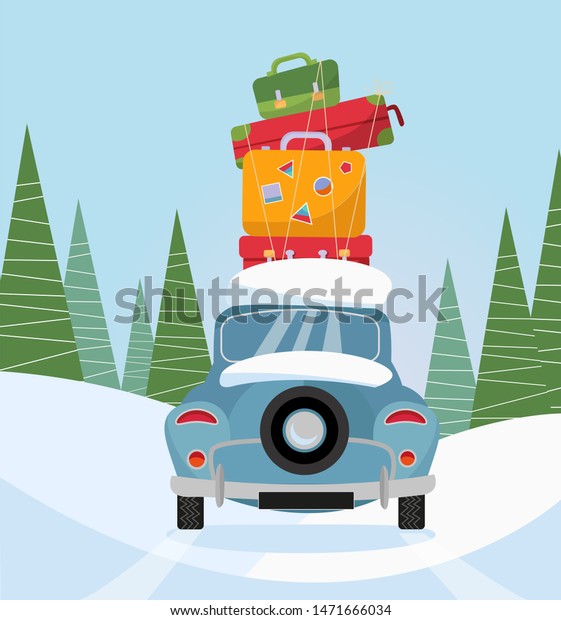 Car back View With stack of baggage on\
background of snow trees. Blue car with suitcases on the roof.\
Winter family traveling by car. Flat cartoon illustration.Many bags\
on the top of\
vehicle.