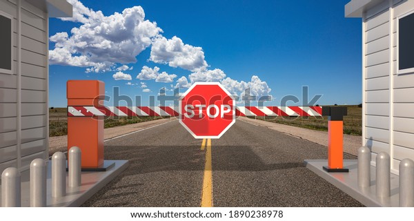 Car barrier gate outdoor with stop sign,\
blue sky background, Closed automatic boom, highway toll service\
booth concept. 3d\
illustration