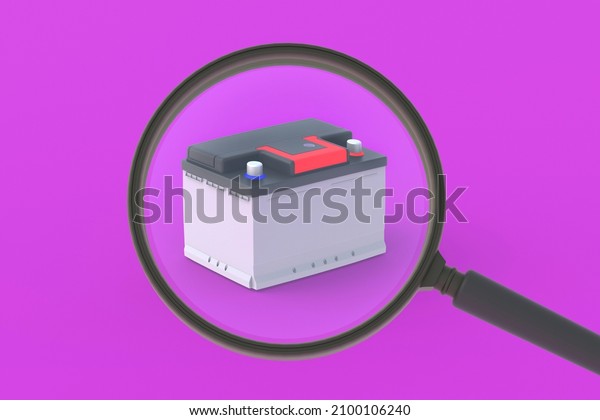 Car\
battery behind magnifying glass. Search auto accumulator. Research,\
quality control of spare parts. Develop new alkaline, lithium\
technology. Detection of problems in work. 3d\
render