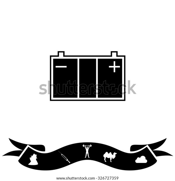 Car battery.\
Black flat icon and bonus pictogram with ribbon. Illustration\
symbol on white\
background