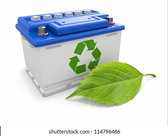 Car Battery With Green Recycle Sign. 3d