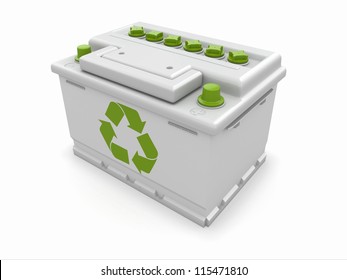 Car Battery With Green Recycle Sign. 3d