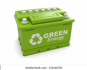 Car Battery With Green Recycle Sign. 3d
