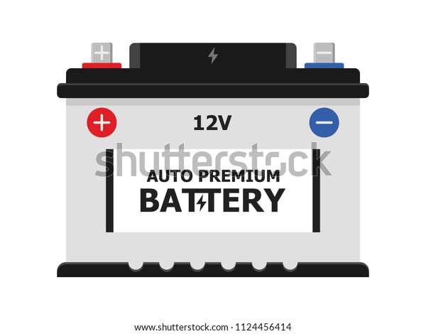 Car Battery icon isolated on white background.
Accumulator battery energy power and electricity accumulator
battery. Battery accumulator car auto parts electrical supply power
in flat style.