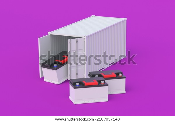 Car battery\
near metal container. Auto accumulator transportation. Delivery of\
cargo. Wholesale trade. International import, export. Purchase,\
sale of automotive parts. 3d\
render