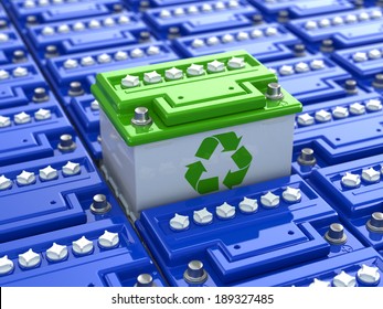 Car Battery Recycling. Green Energy. Background From Accumulators. Green Recycling Sign. 3d