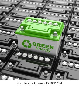 Car Battery Recycling. Green Energy. Background From Accumulators. 3d