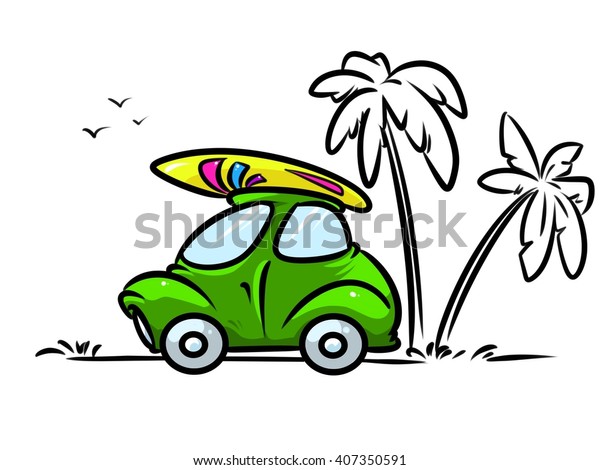 Car beach \
surfing travel cartoon\
illustration