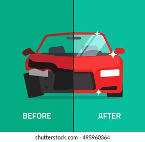 Car before and after repair illustration, crashed, broken and repaired car, auto maintenance service or shop banner, flat cartoon design image - Powered by Shutterstock